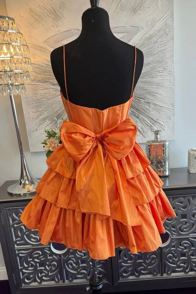 A-Line Scoop Neck Orange Ruffle Tiered Satin Short Homecoming Dress VK24082702