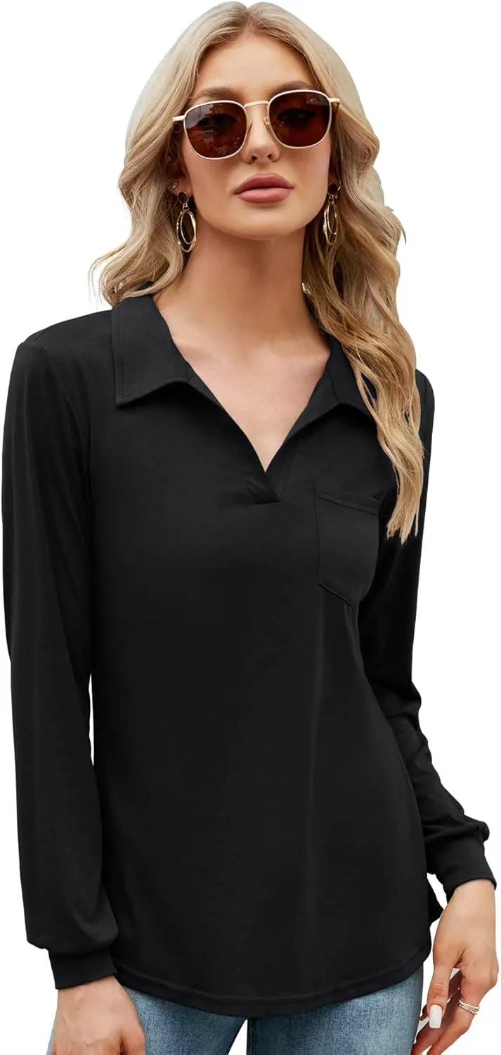 AKEWEI Womens V Neck Polo Shirts Short Sleeve Collared Tops Loose Casual Tunic Blouses with Pocket