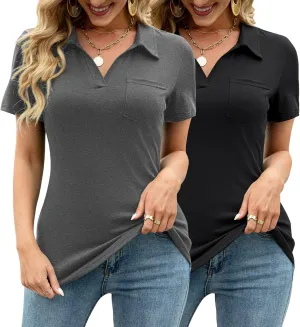 AKEWEI Womens V Neck Polo Shirts Short Sleeve Collared Tops Loose Casual Tunic Blouses with Pocket