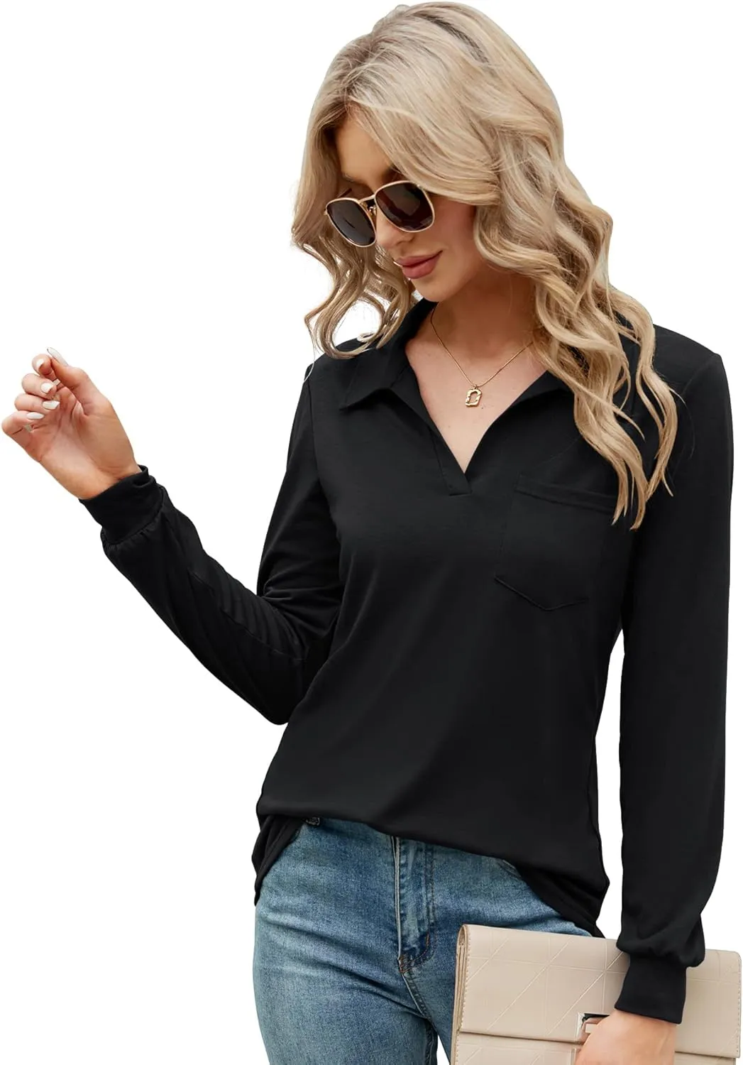 AKEWEI Womens V Neck Polo Shirts Short Sleeve Collared Tops Loose Casual Tunic Blouses with Pocket