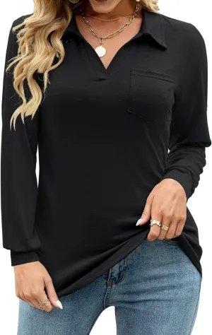 AKEWEI Womens V Neck Polo Shirts Short Sleeve Collared Tops Loose Casual Tunic Blouses with Pocket