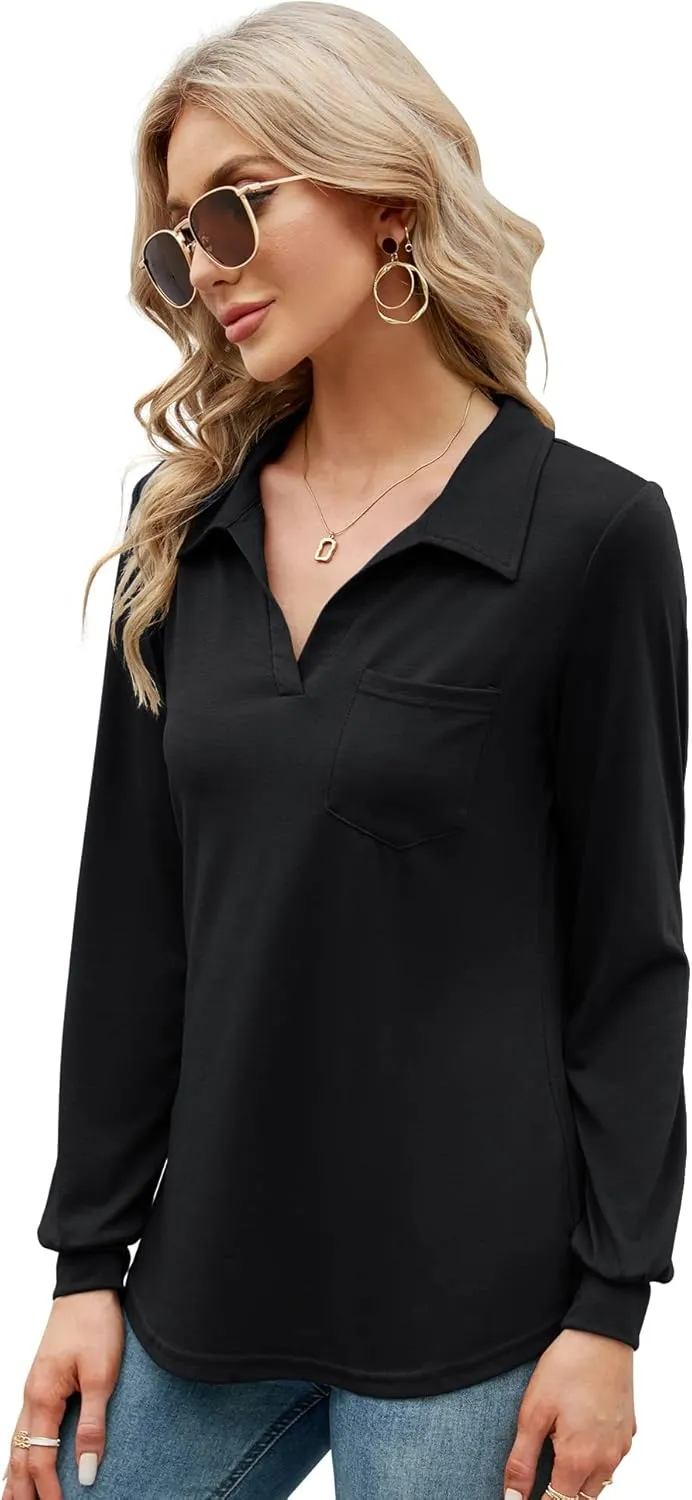 AKEWEI Womens V Neck Polo Shirts Short Sleeve Collared Tops Loose Casual Tunic Blouses with Pocket