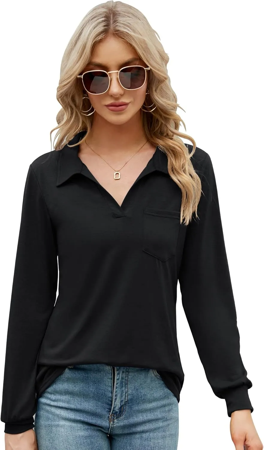 AKEWEI Womens V Neck Polo Shirts Short Sleeve Collared Tops Loose Casual Tunic Blouses with Pocket