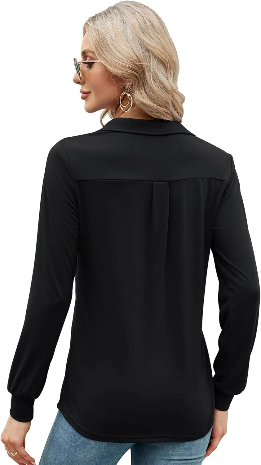 AKEWEI Womens V Neck Polo Shirts Short Sleeve Collared Tops Loose Casual Tunic Blouses with Pocket