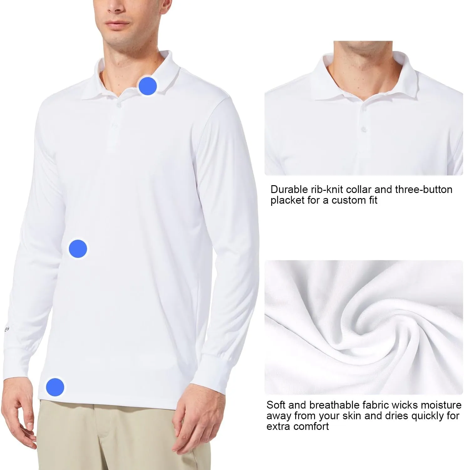 baleaf Men's Long Sleeve Golf Polo Shirt UPF 50 Quick Dry 3 Button Casual Work Outdoor Lightweight Performance Shirts