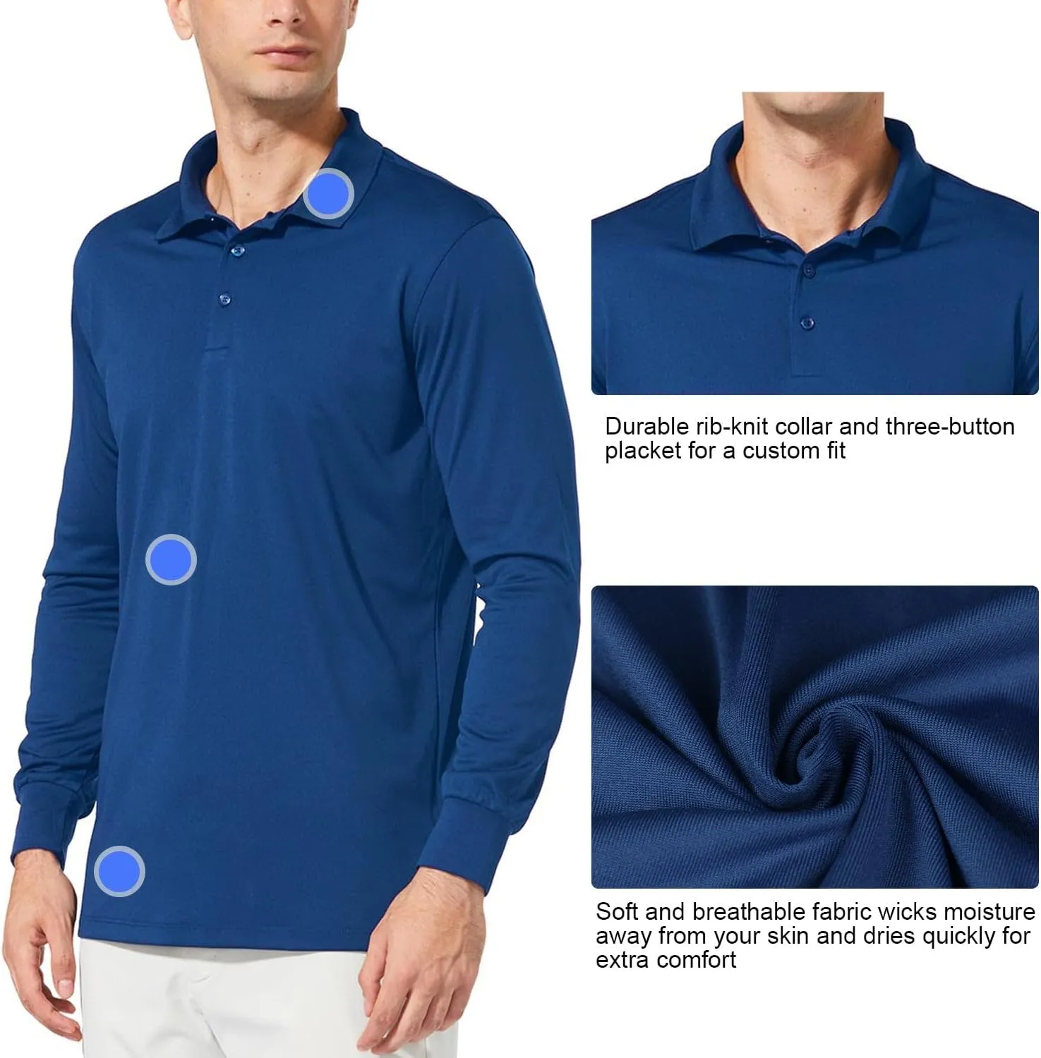 baleaf Men's Long Sleeve Golf Polo Shirt UPF 50 Quick Dry 3 Button Casual Work Outdoor Lightweight Performance Shirts