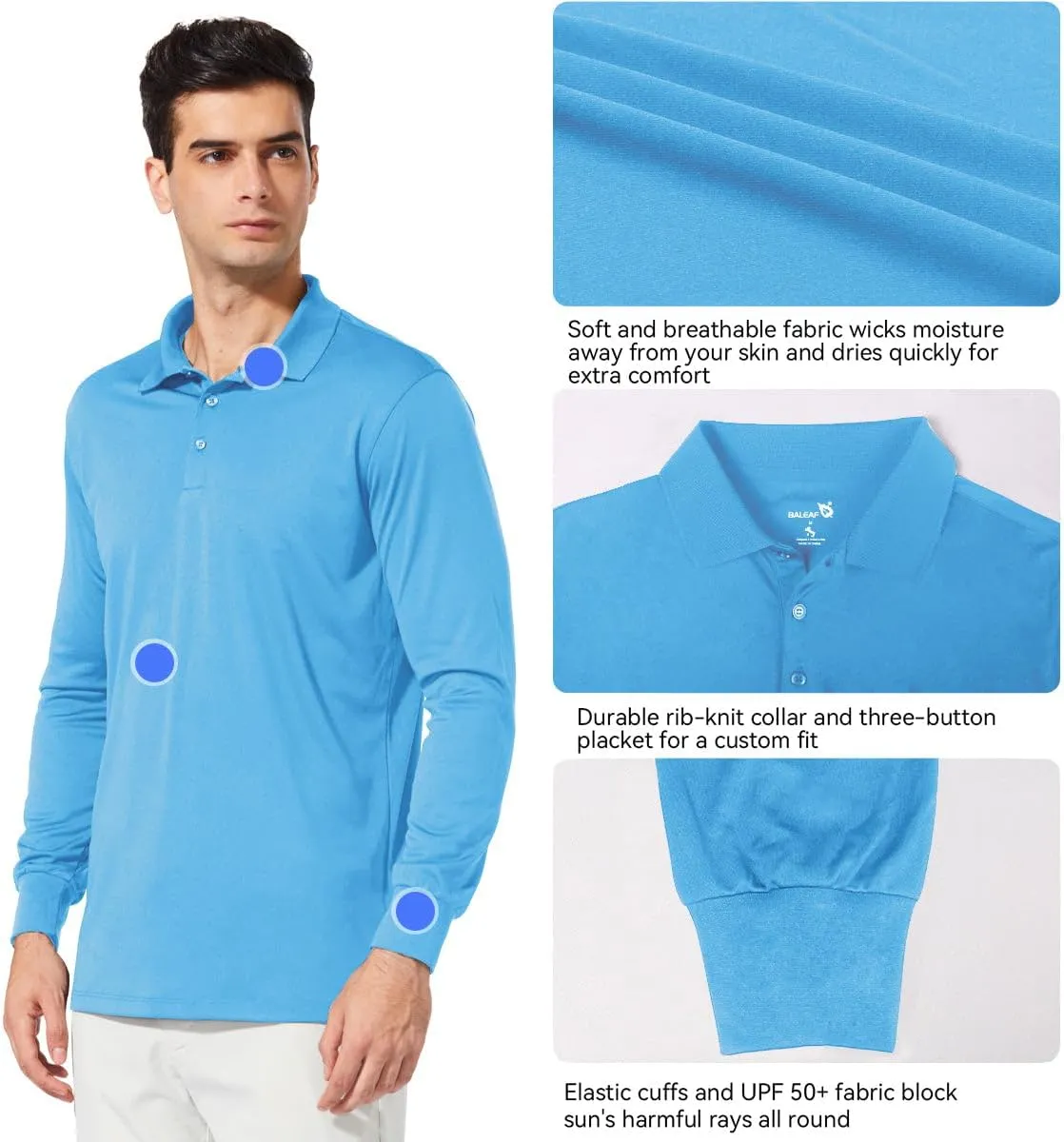 baleaf Men's Long Sleeve Golf Polo Shirt UPF 50 Quick Dry 3 Button Casual Work Outdoor Lightweight Performance Shirts