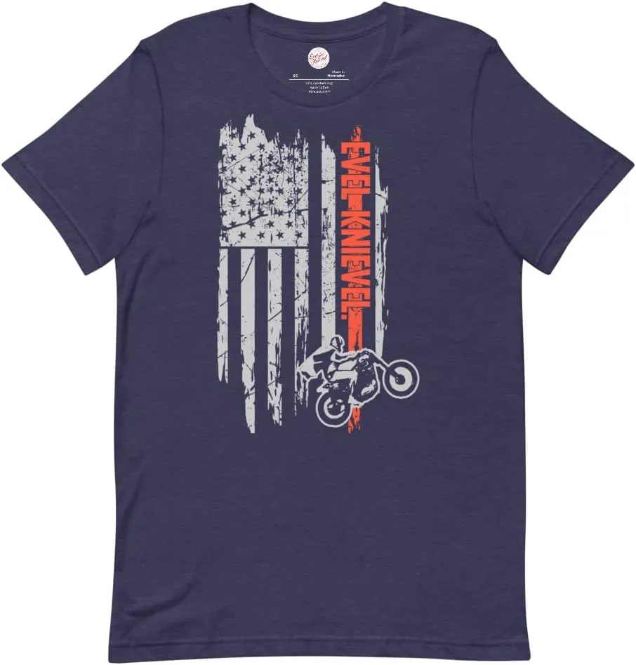 Evel Knievel Vintage Motorcycle T-Shirt for Men - Classic Wheelie American Flag Stunt Cycle Icon Graphic Tee -Small to 4XL