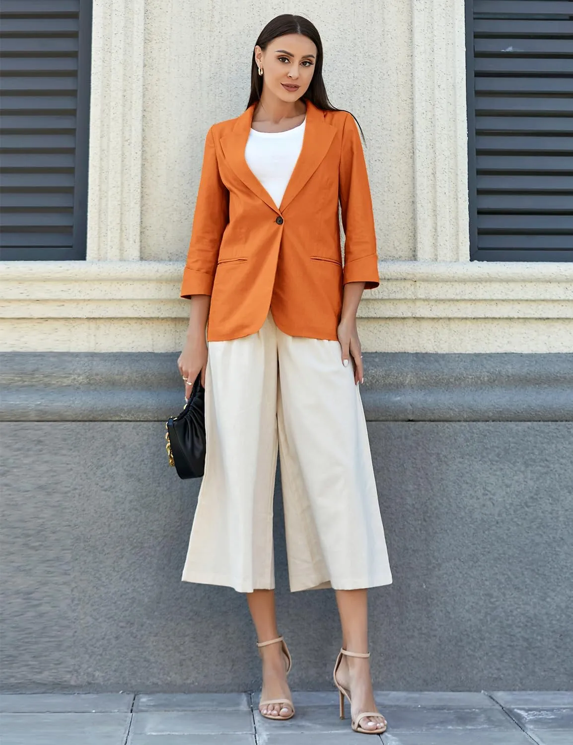 IDEALSANXUN Linen Blazer Women 3/4 Sleeve Lightweight Spring Summer Blazer Jackets