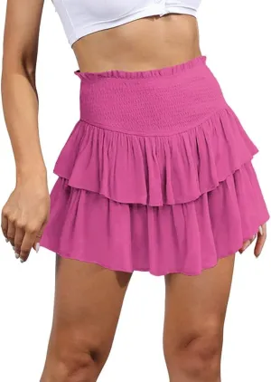 IDEALSANXUN Ruffle Mini Skirt for Women Smocked Waist A Line Cute Short Flowy Skirt
