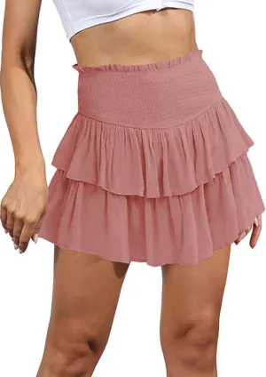 IDEALSANXUN Ruffle Mini Skirt for Women Smocked Waist A Line Cute Short Flowy Skirt