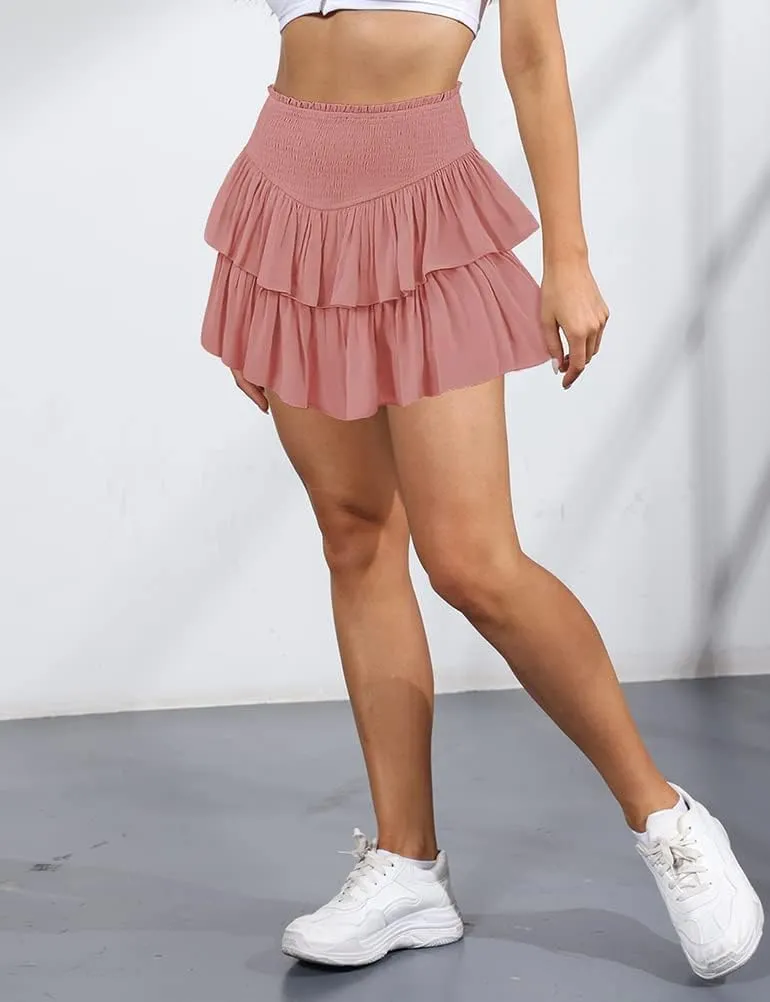 IDEALSANXUN Ruffle Mini Skirt for Women Smocked Waist A Line Cute Short Flowy Skirt