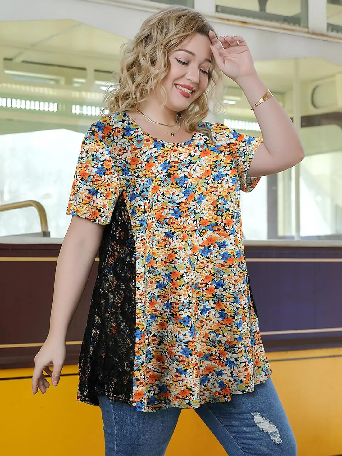 LARACE Plus Size Spring Summer Tunics Tops Short Sleeve Shirts Flowy Lace Tops Wrinkle Free Blouses for Women Dressy Casual