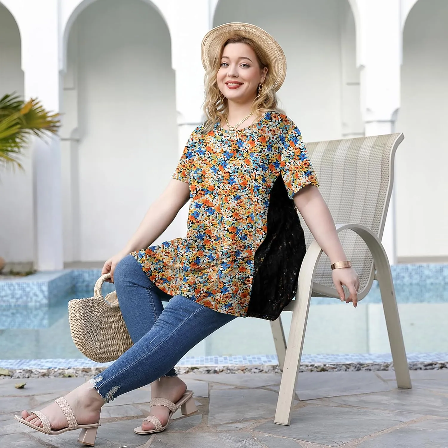 LARACE Plus Size Spring Summer Tunics Tops Short Sleeve Shirts Flowy Lace Tops Wrinkle Free Blouses for Women Dressy Casual