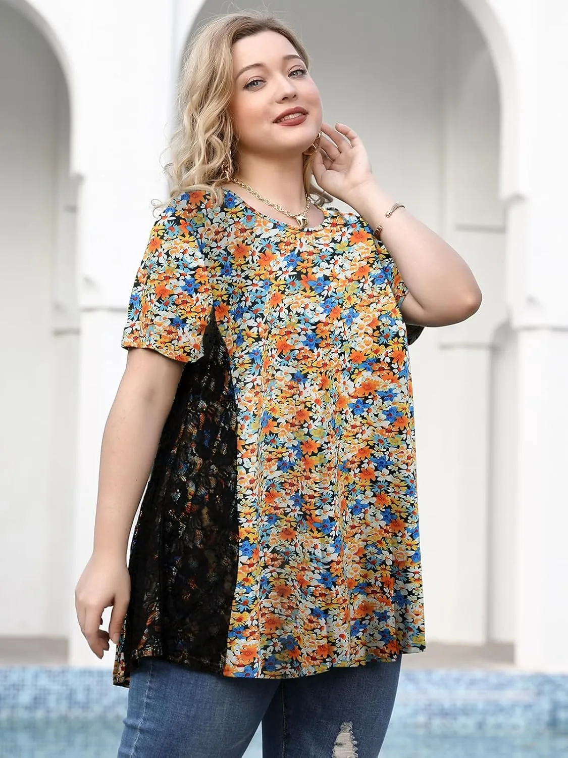 LARACE Plus Size Spring Summer Tunics Tops Short Sleeve Shirts Flowy Lace Tops Wrinkle Free Blouses for Women Dressy Casual