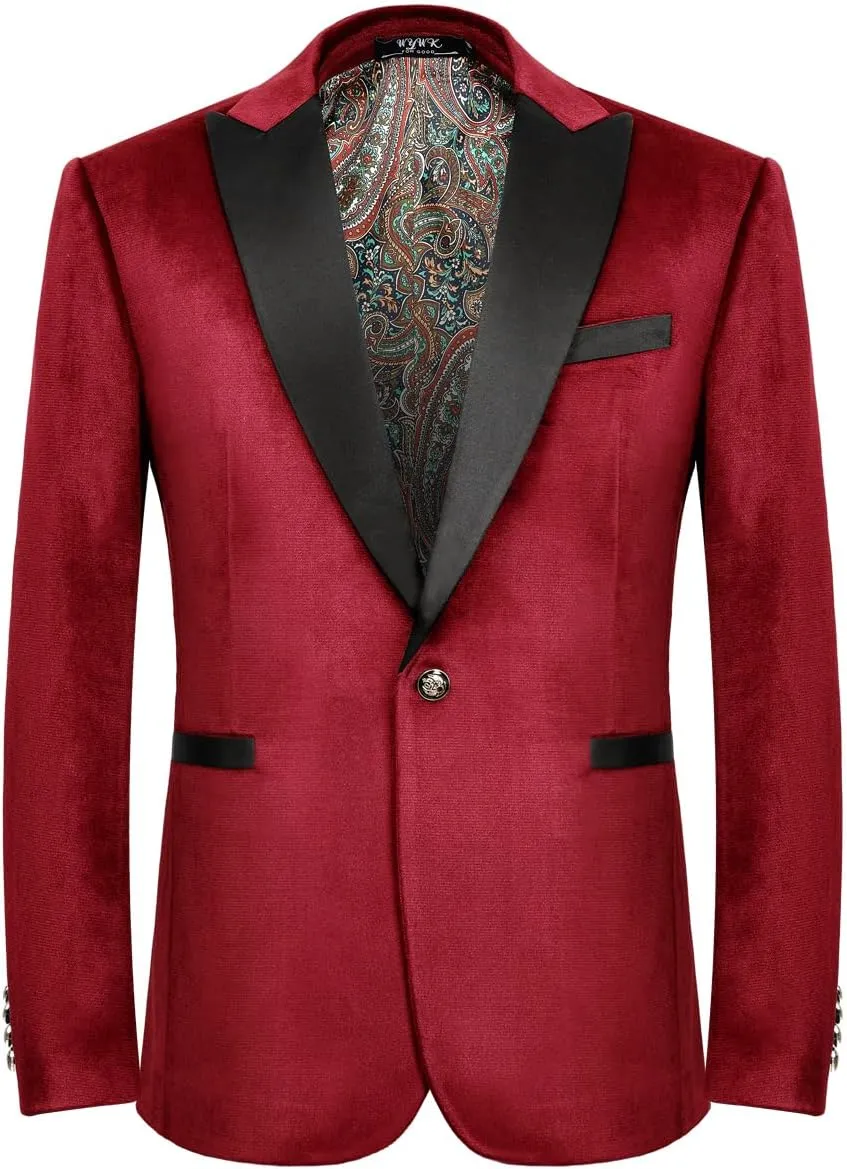 Men's Velvet Blazer One Button Casual Tuxedo for Men Blazer Lapel Prom Party Wedding Banquet