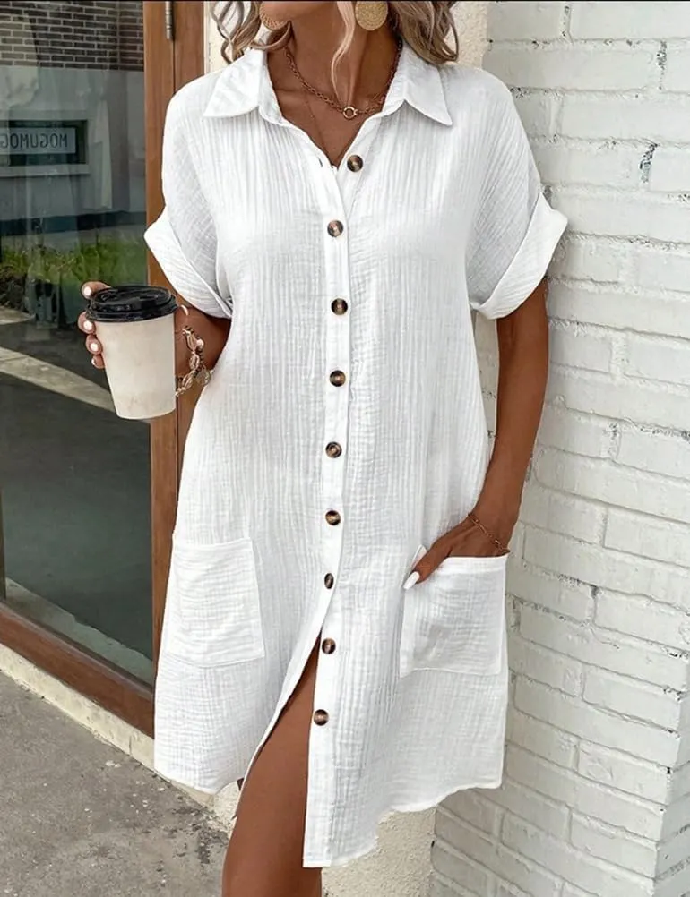 Mywinway Linen Dresses for Women Spring Summer V Neck Lapel Collar Short Sleeve Button Down Up Cute Midi Shirt Dress