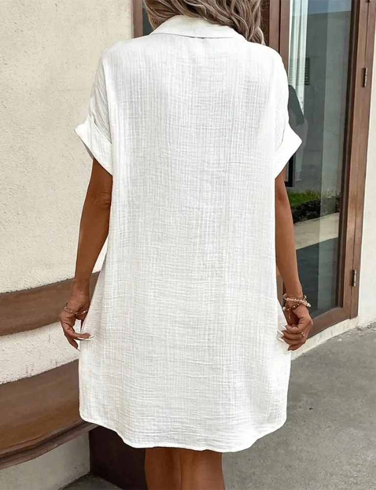 Mywinway Linen Dresses for Women Spring Summer V Neck Lapel Collar Short Sleeve Button Down Up Cute Midi Shirt Dress