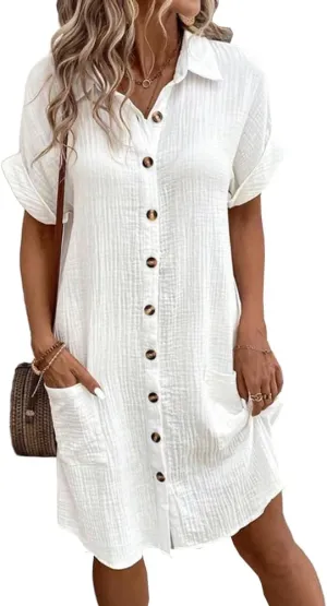 Mywinway Linen Dresses for Women Spring Summer V Neck Lapel Collar Short Sleeve Button Down Up Cute Midi Shirt Dress