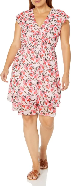 Nine West Women's Sedona Flounce Sleeve Tiered Dress with Smock
