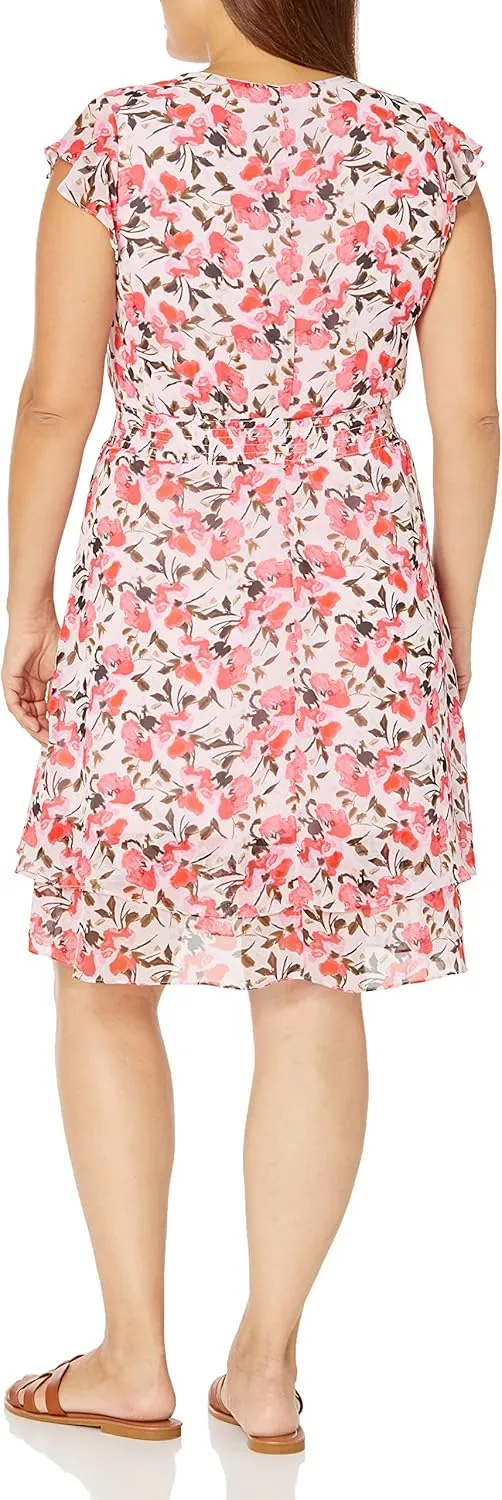 Nine West Women's Sedona Flounce Sleeve Tiered Dress with Smock