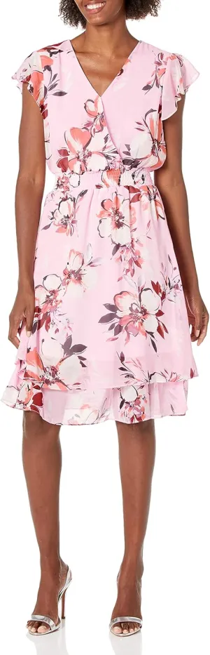 Nine West Women's Sedona Flounce Sleeve Tiered Dress with Smock