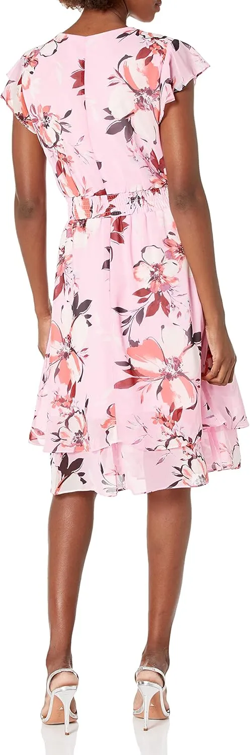 Nine West Women's Sedona Flounce Sleeve Tiered Dress with Smock
