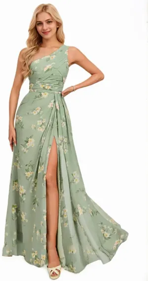 One Shoulder Floral Bridesmaid Dresses 2025 Curvy Prom Dress with Slit Long Chiffon Wedding Guest Dresses Summer
