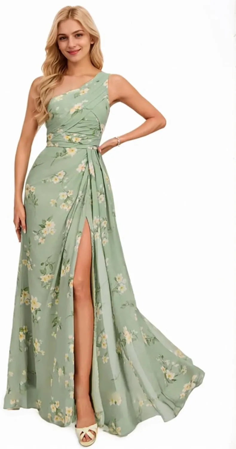 One Shoulder Floral Bridesmaid Dresses 2025 Curvy Prom Dress with Slit Long Chiffon Wedding Guest Dresses Summer