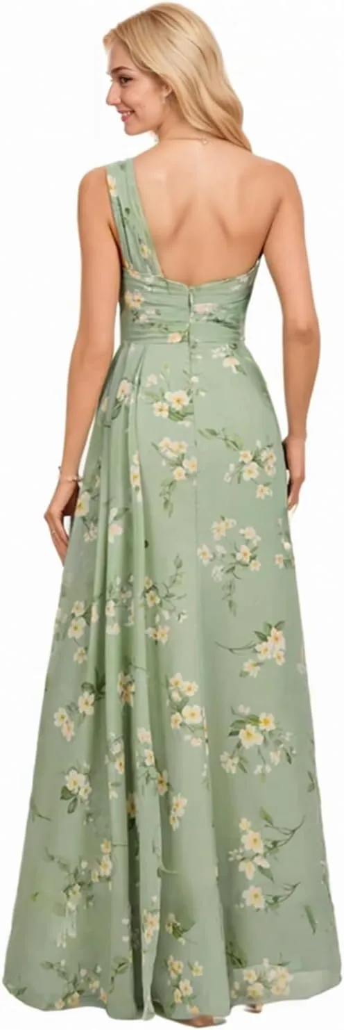 One Shoulder Floral Bridesmaid Dresses 2025 Curvy Prom Dress with Slit Long Chiffon Wedding Guest Dresses Summer