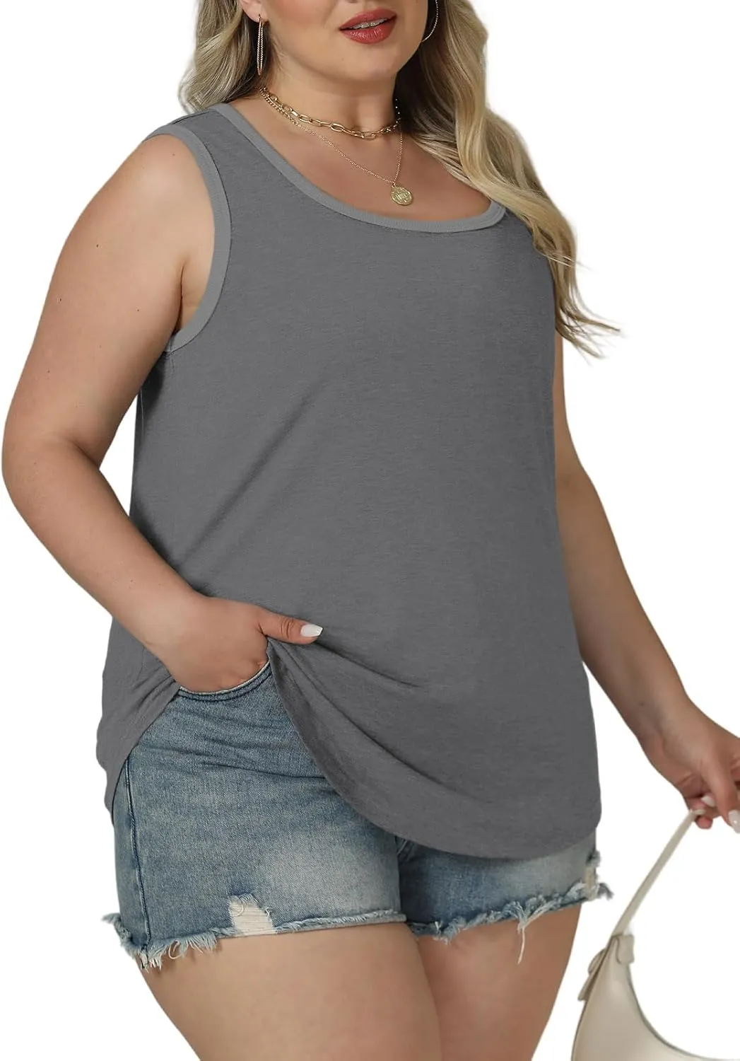 ROSRISS Plus Size Tank Tops for Women Summer Basic Crewneck Tees Soft Cozy Loose Fit Curved Hem Sleeveless Shirts