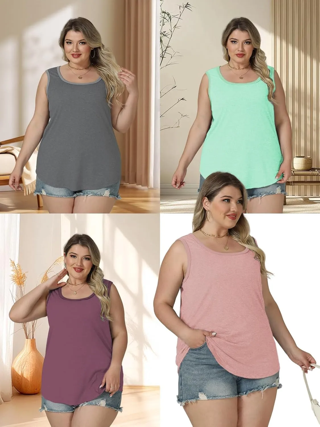 ROSRISS Plus Size Tank Tops for Women Summer Basic Crewneck Tees Soft Cozy Loose Fit Curved Hem Sleeveless Shirts