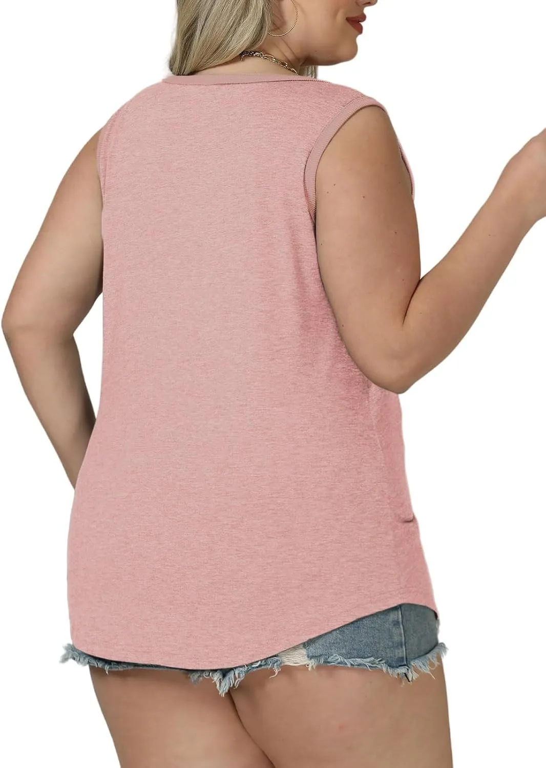 ROSRISS Plus Size Tank Tops for Women Summer Basic Crewneck Tees Soft Cozy Loose Fit Curved Hem Sleeveless Shirts