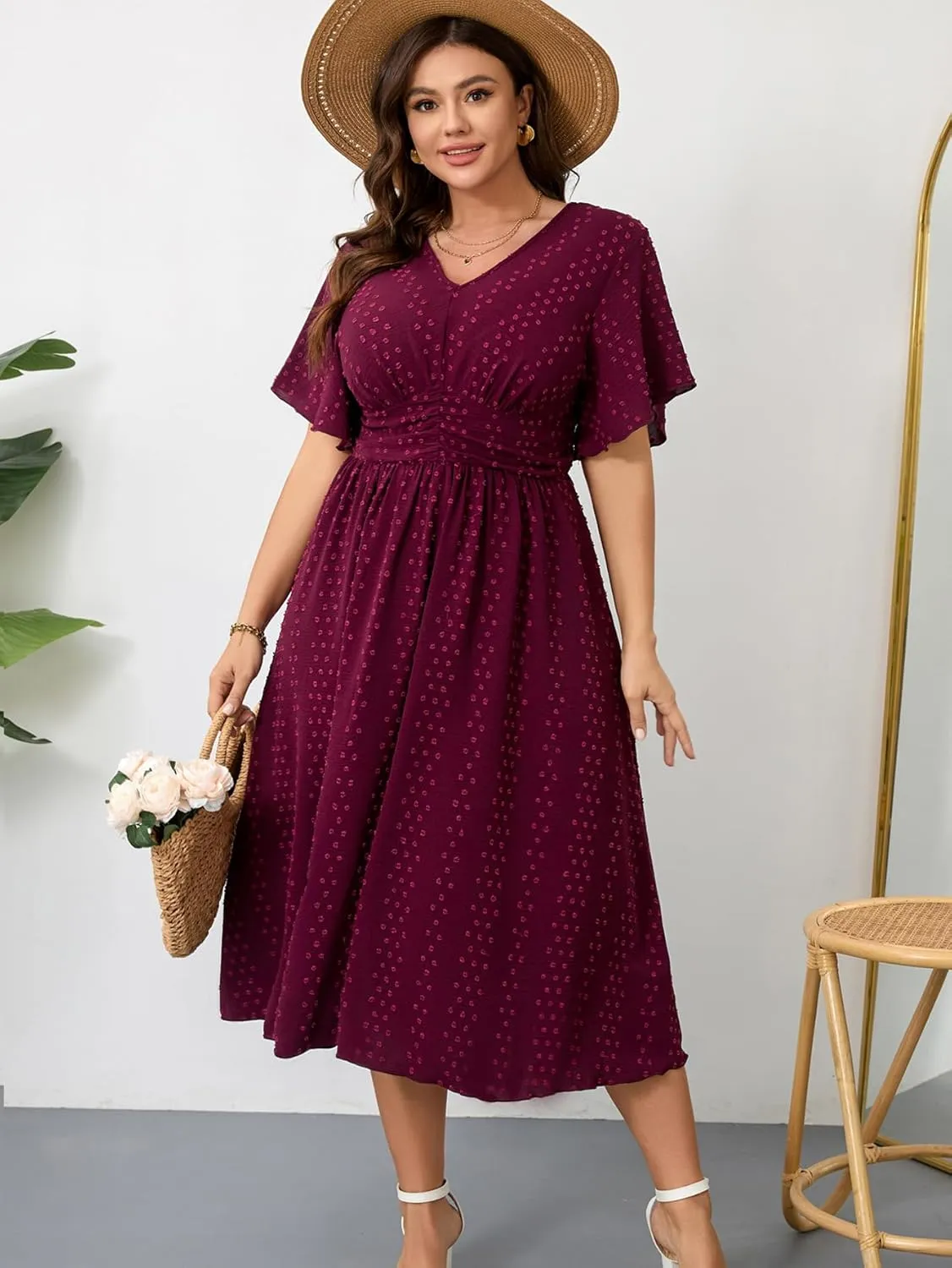 RWJ Women's Plus Size Maxi Dress V Neck Short Sleeve Swiss Dot A Line High Waist Boho Swing Casual Summer Dresses 2025