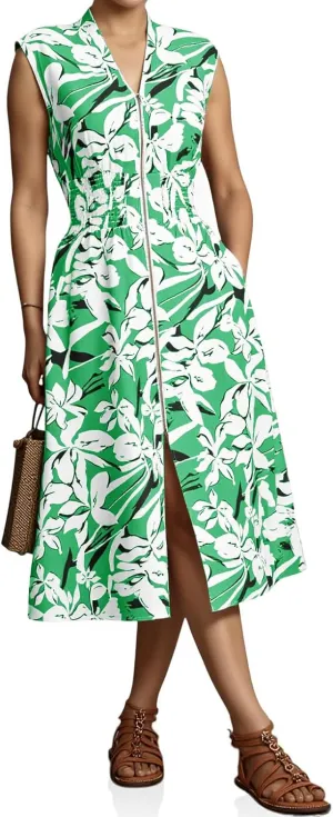 Wenrine Womens Floral Midi Dress Casual Zipper Front Sleeveless V Neck Smocked Flowy Summer Dresses