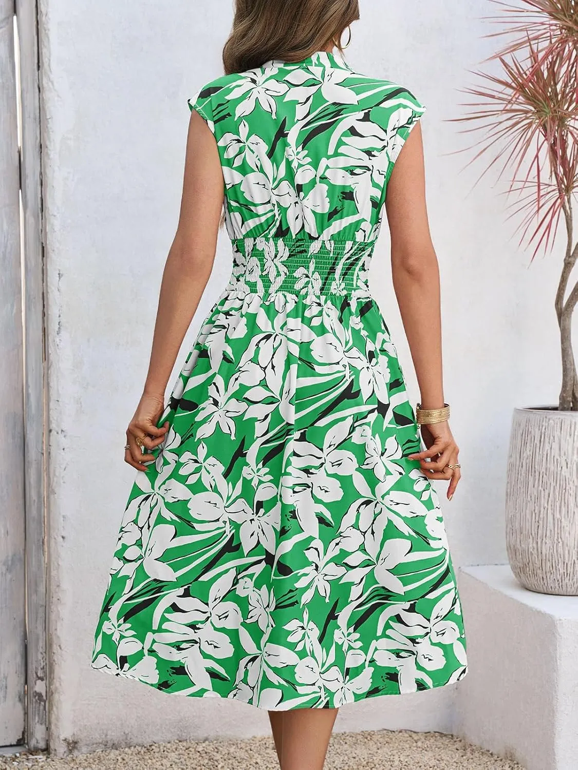 Wenrine Womens Floral Midi Dress Casual Zipper Front Sleeveless V Neck Smocked Flowy Summer Dresses