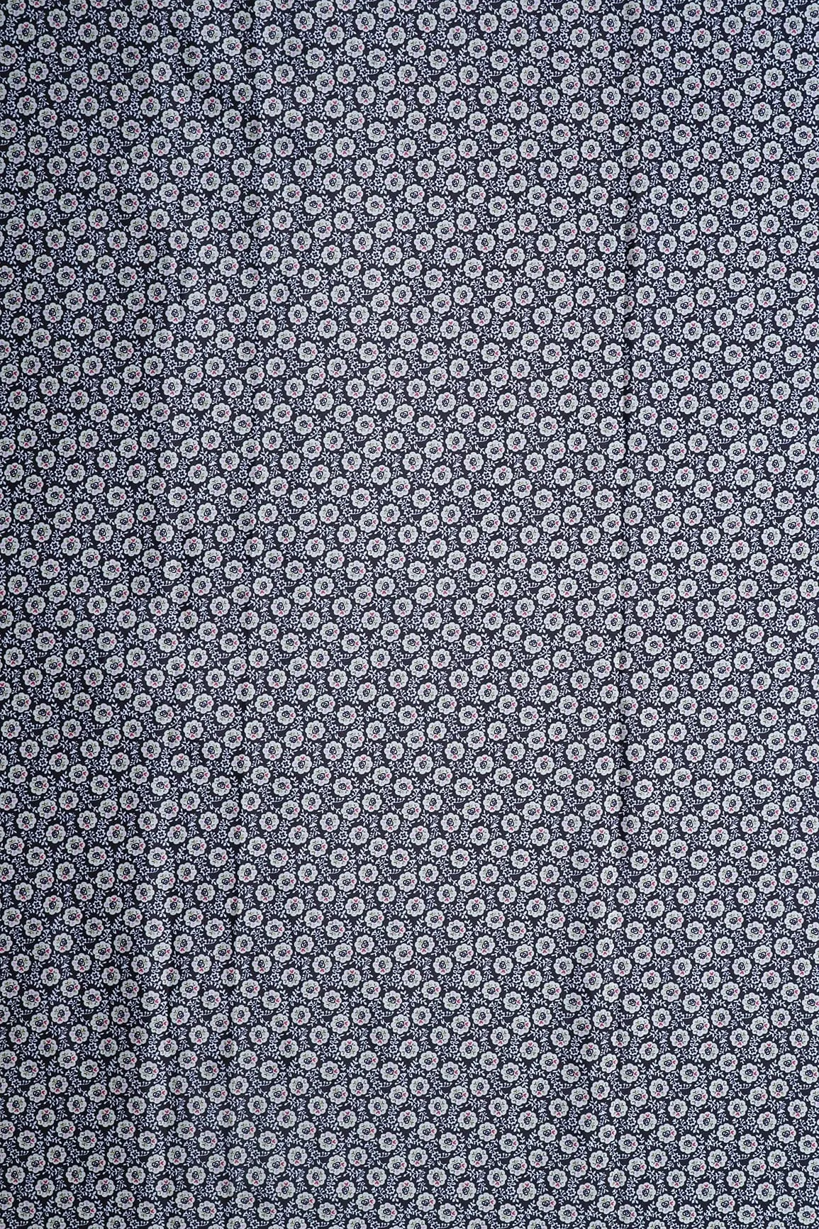 White Floral Pattern Digital Print On Black French Crepe Fabric