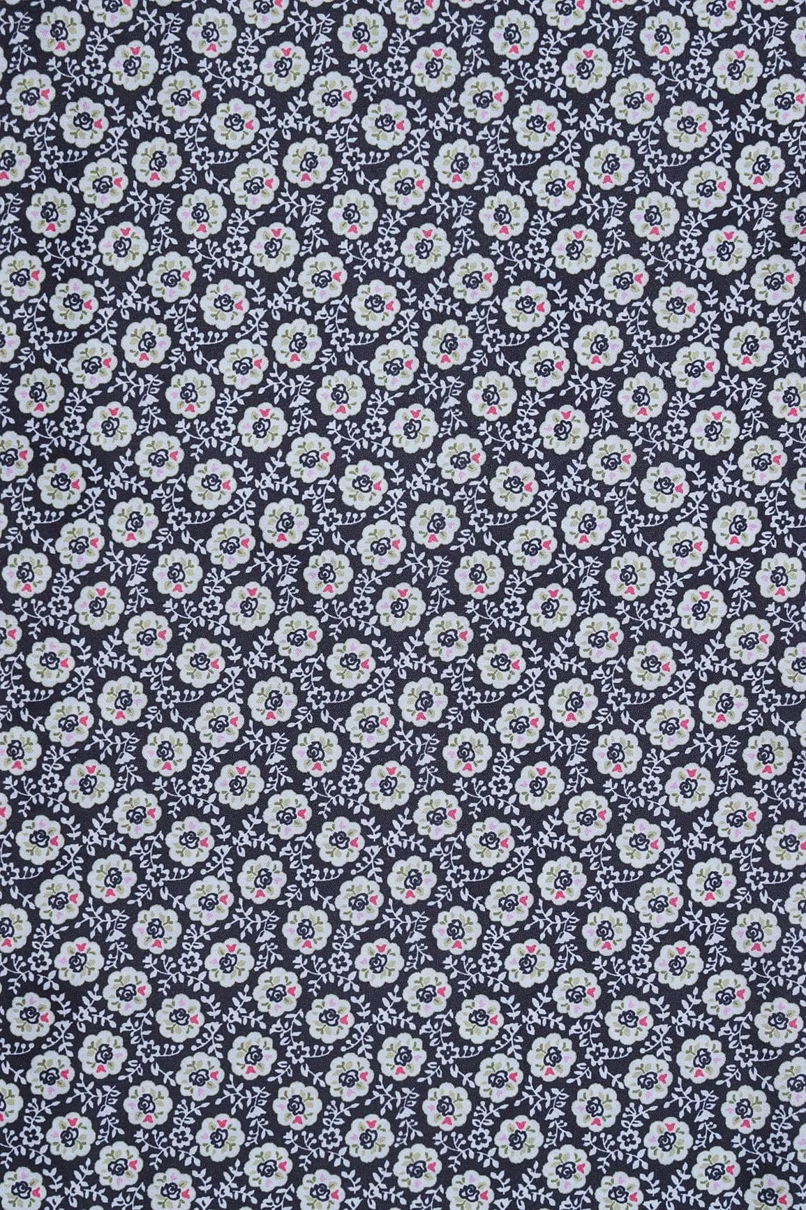 White Floral Pattern Digital Print On Black French Crepe Fabric