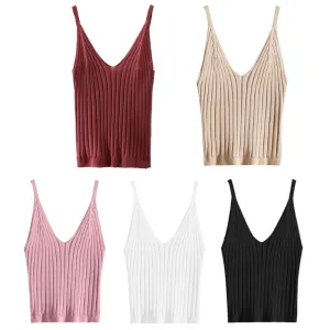 Wjczt Women Sexy Sleeveless Crop Tank Top Ribbed Knitted Spaghetti Strap Camisole Deep Sexy V-Neck Solid Basic Elastic Slim Sling Vest